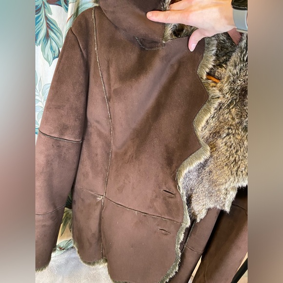 Vintage Apanage Faux Suede Fur Coat Jacket Leather Brown Shearling Sheepskin - Picture 9 of 16